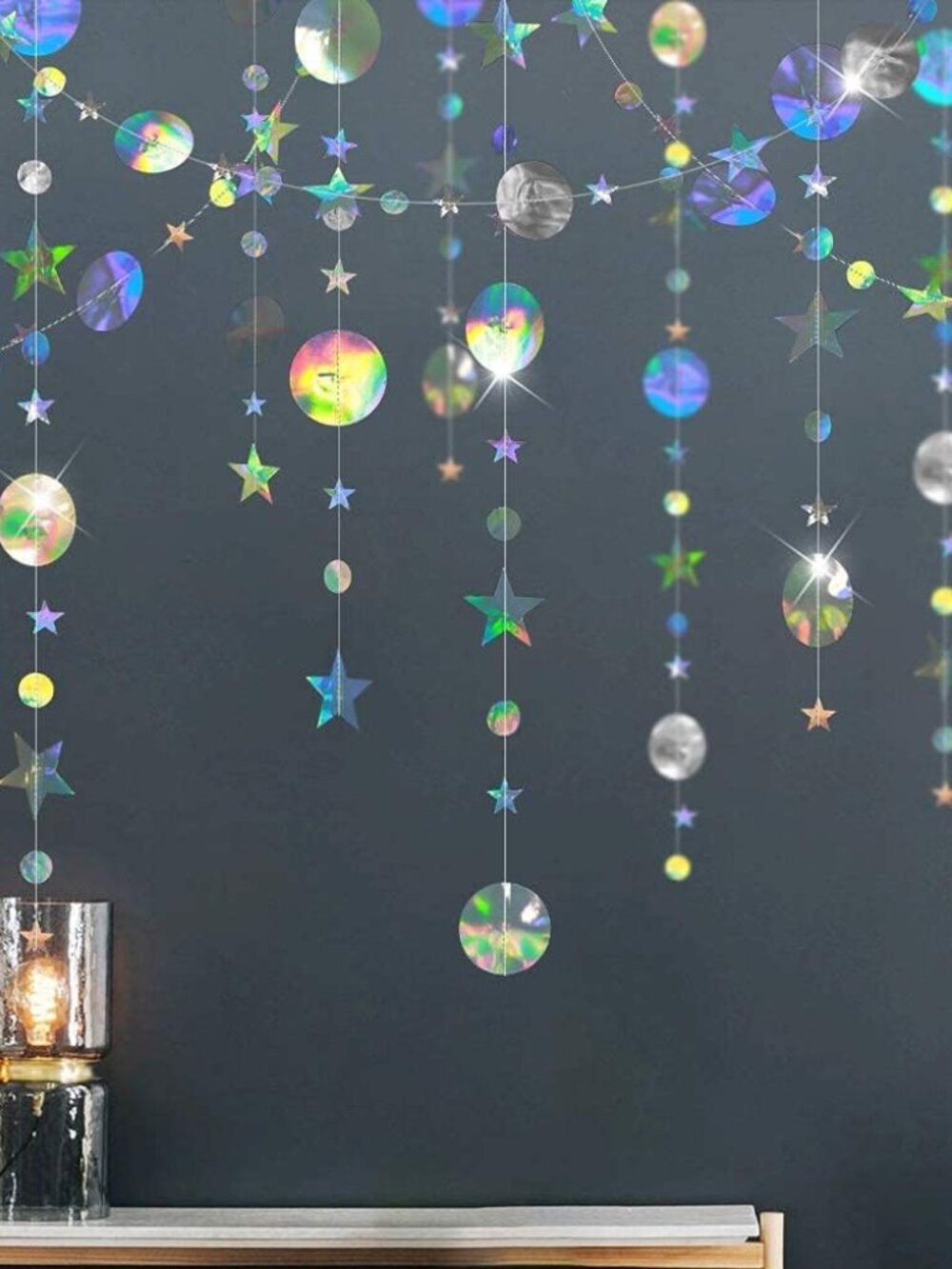 Iridescent Party Decorations Holographic Star Garland Hanging Stars Moon Streame